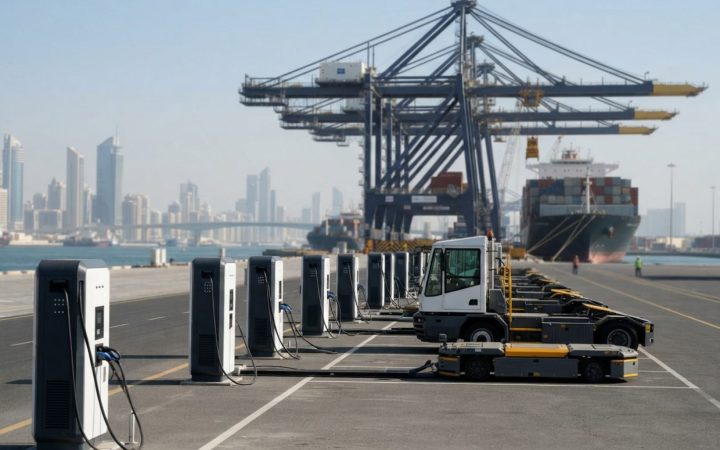 Illustration: Modern electric vehicle charging stations and high-tech automated port cranes under a clear sky, showing clean energy infrastructure, pr