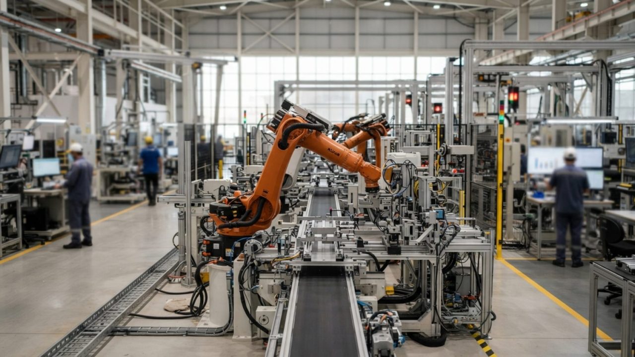 Illustration: A clean and modern high-tech smart manufacturing facility floor, featuring orange and white robotic arms operating along an automated as