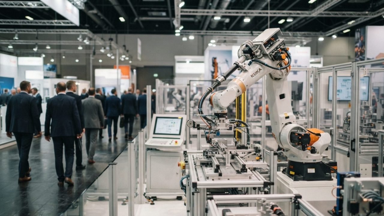 Illustration: Editorial news photograph showing an advanced industrial exhibition hall floor with modern robotic arms and automated manufacturing syst