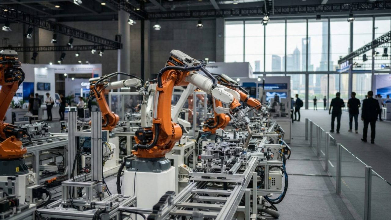 Illustration: Editorial photograph showing modern industrial robotic arms and automation assembly lines inside an advanced manufacturing exhibition ha