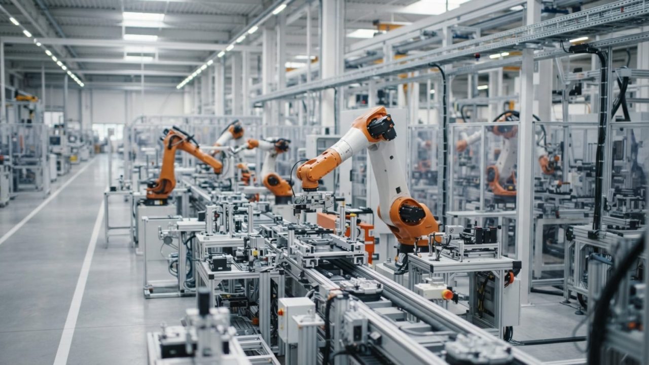 Illustration: A clean, modern smart factory floor with orange and white robotic arms operating along an automated assembly line, soft industrial light