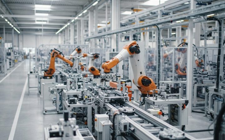 Illustration: A clean, modern smart factory floor with orange and white robotic arms operating along an automated assembly line, soft industrial light