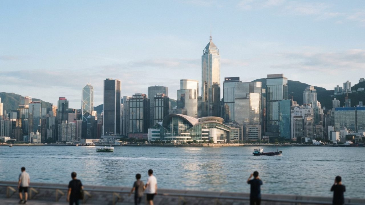 Illustration: Editorial photograph showing modern financial office buildings and glass skyscrapers of Hong Kong's Central district reflecting morning