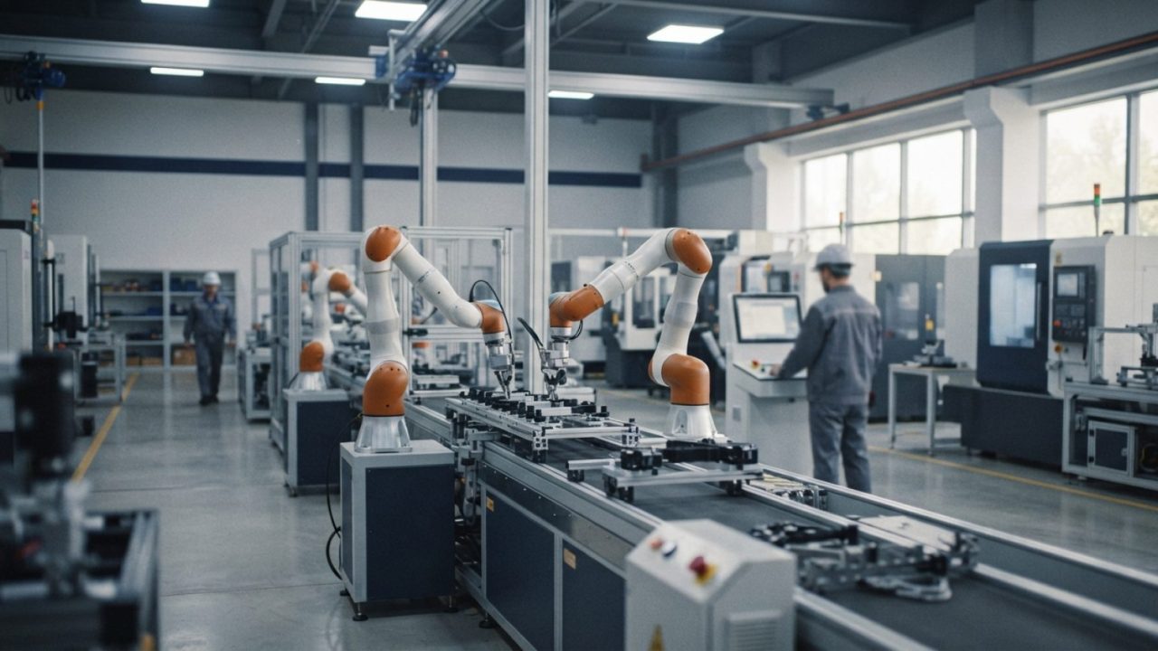 Illustration: Industrial robots operating in a modern high-tech smart manufacturing facility, clean factory floor with automated machinery, editorial