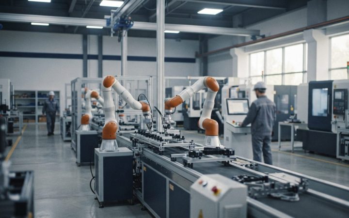 Illustration: Industrial robots operating in a modern high-tech smart manufacturing facility, clean factory floor with automated machinery, editorial