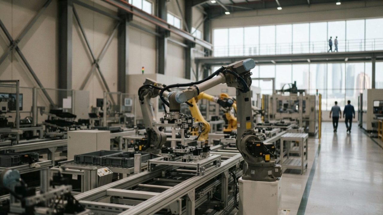 Illustration: High-tech industrial robotic arms operating on a modern automated manufacturing assembly line inside a bright, clean, state-of-the-art s