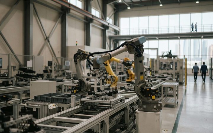 Illustration: High-tech industrial robotic arms operating on a modern automated manufacturing assembly line inside a bright, clean, state-of-the-art s