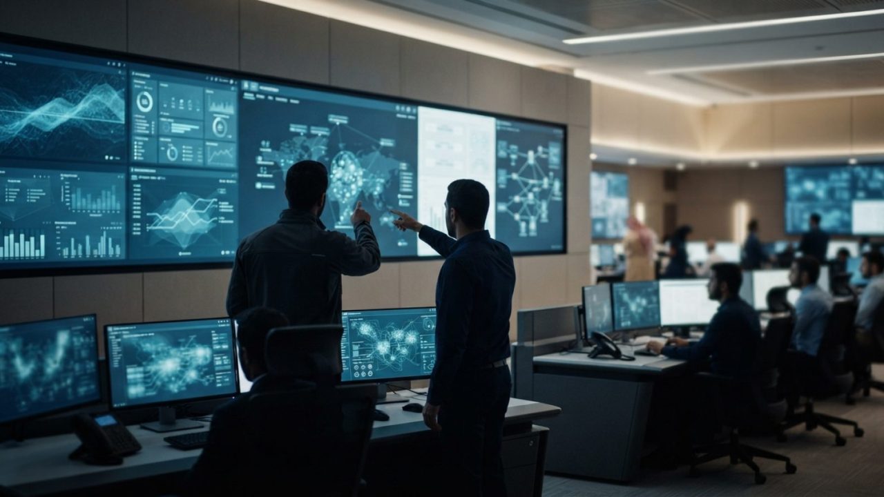 Illustration: A modern technological government operations command center in the UAE with large digital data monitoring screens displaying analytics,