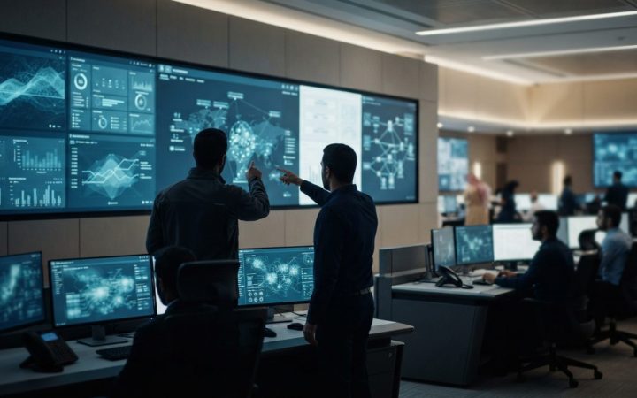Illustration: A modern technological government operations command center in the UAE with large digital data monitoring screens displaying analytics,