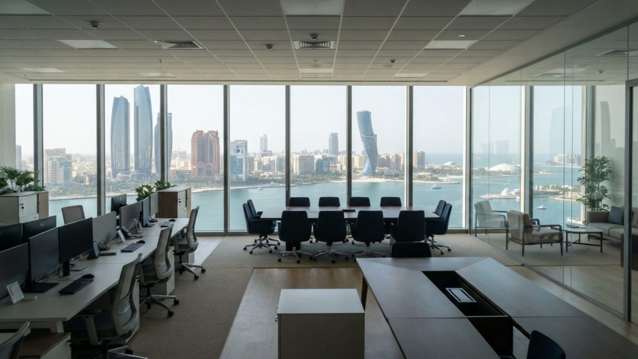 Illustration: A modern corporate office interior in Abu Dhabi with floor-to-ceiling windows showing the city skyline under soft morning light, empty m