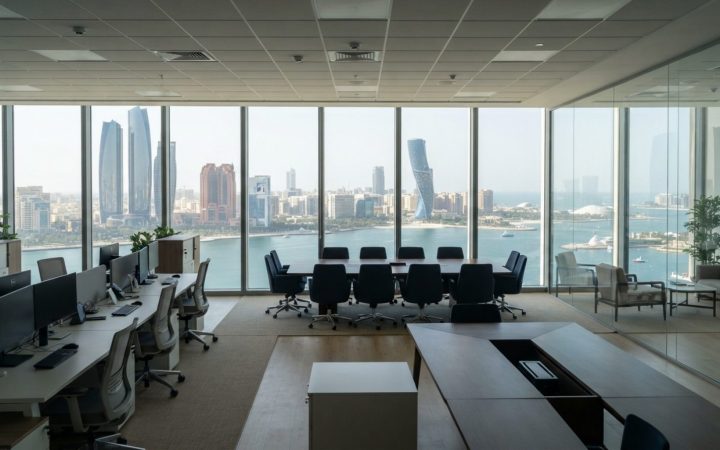Illustration: A modern corporate office interior in Abu Dhabi with floor-to-ceiling windows showing the city skyline under soft morning light, empty m