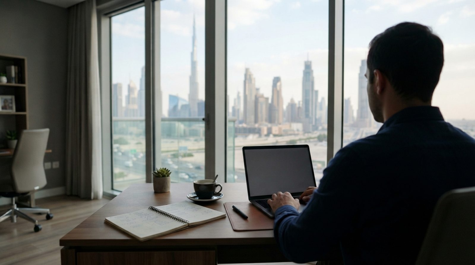 Illustration: A modern, bright home office desk in an apartment overlooking a Dubai skyline with high-rise towers, featuring a laptop, notebook, and a