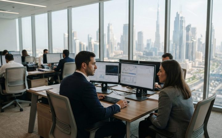 Illustration: Modern office building in Dubai or Abu Dhabi with business professionals working on computers in a bright financial office setting, edit