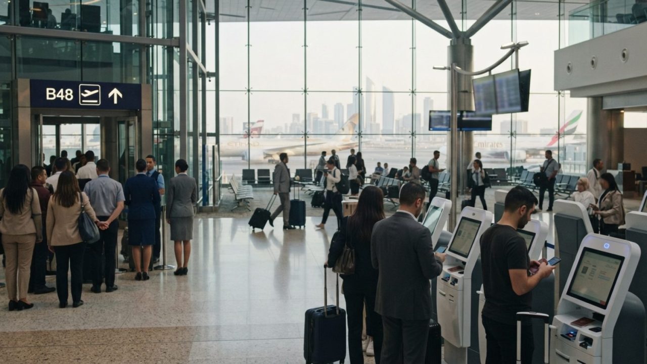 Illustration: A modern, bright airport departure terminal service area with self-service digital kiosks and passengers using mobile devices near board