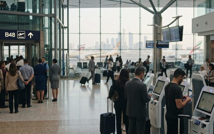 Illustration: A modern, bright airport departure terminal service area with self-service digital kiosks and passengers using mobile devices near board