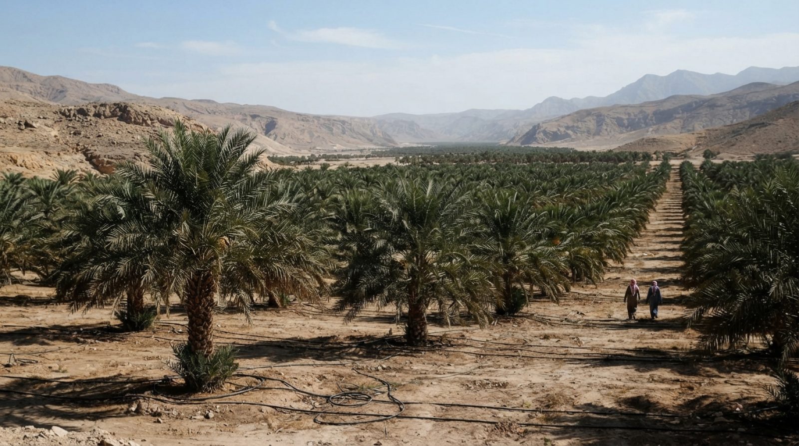 Illustration: A sunny agricultural plantation featuring rows of mature date palms in a dry-hot valley landscape surrounded by hills, with irrigation l