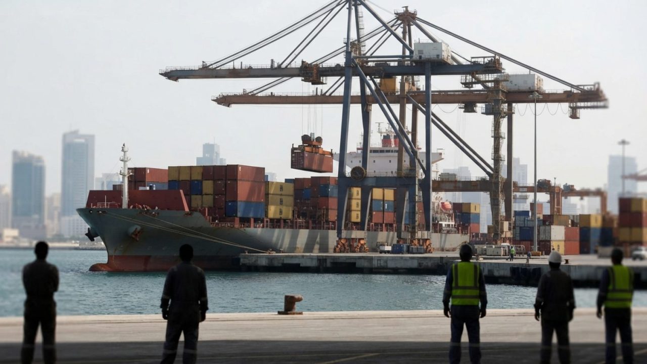 Illustration: Commercial cargo vessel docked at an industrial port with shipping containers being handled by cranes under daylight, representing inter