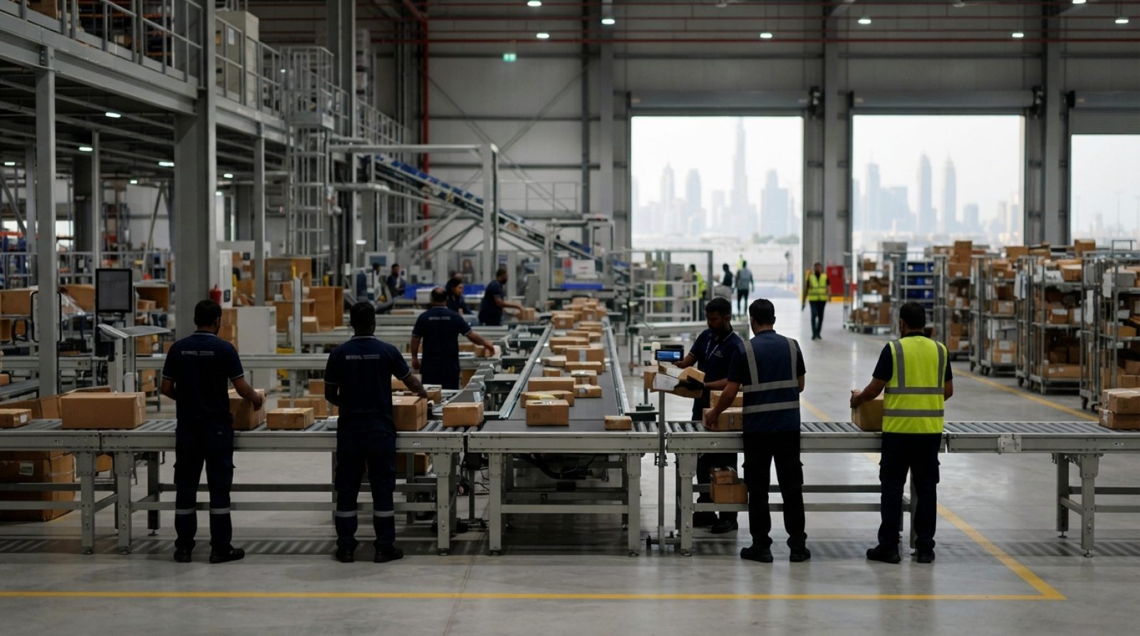 Illustration: A modern logistics distribution hub in Dubai with automated conveyor belts, sorted parcels, and delivery personnel preparing packages, p