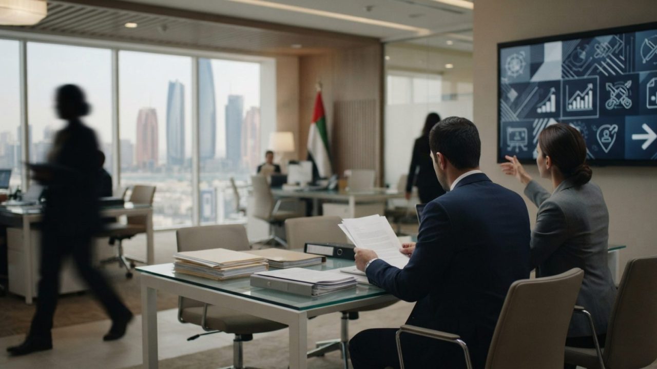 Illustration: A modern corporate office interior in the United Arab Emirates with legal documents, clean glass desks, and digital displays showing abs
