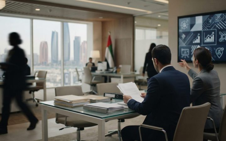 Illustration: A modern corporate office interior in the United Arab Emirates with legal documents, clean glass desks, and digital displays showing abs