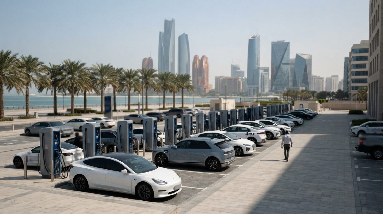 Illustration: Rows of modern electric vehicles parked at an outdoor public fast-charging station in a contemporary urban district of the United Arab E