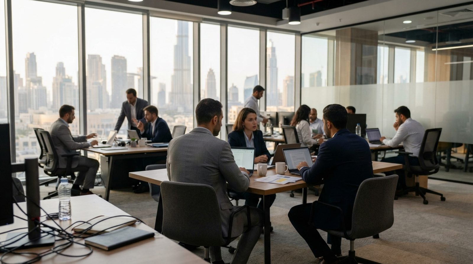 Illustration: A modern corporate office interior in Dubai with office workers collaborating around laptops and workstations, warm natural light coming