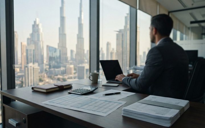 Illustration: Modern office desk in Dubai with financial spreadsheets, calculators, and tax documents next to a window showing city skyscrapers under