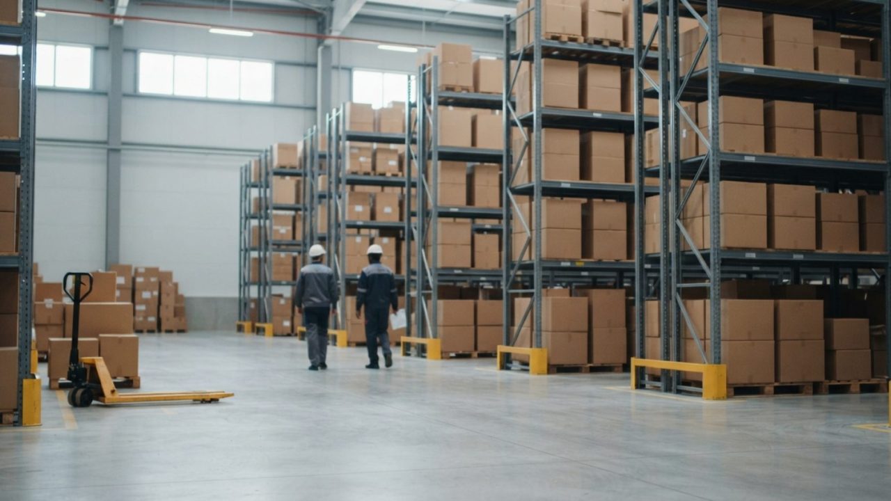 Illustration: A modern logistics distribution center in the United Arab Emirates with rows of organized cardboard boxes on industrial warehouse shelvi