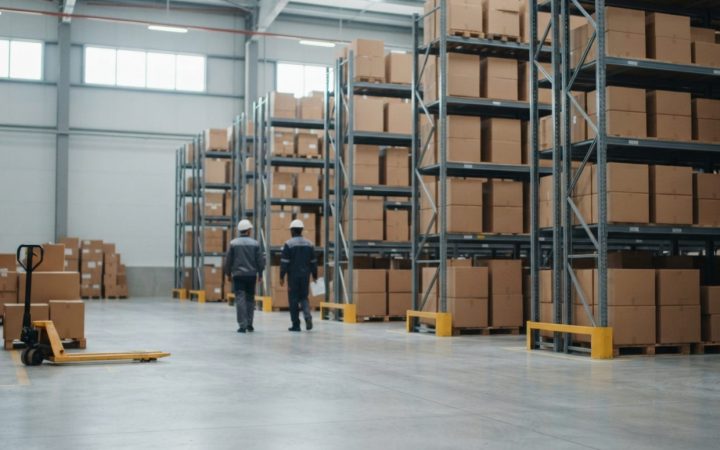 Illustration: A modern logistics distribution center in the United Arab Emirates with rows of organized cardboard boxes on industrial warehouse shelvi