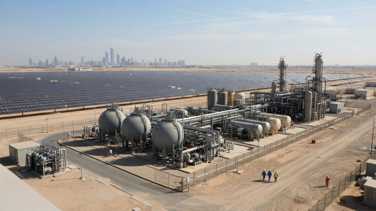 Illustration: A modern solar power plant installation alongside advanced industrial hydrogen storage tanks under bright clear daylight in Abu Dhabi, r