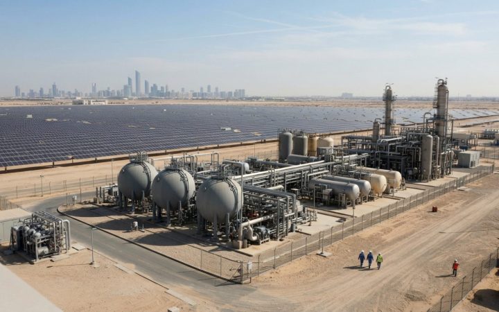 Illustration: A modern solar power plant installation alongside advanced industrial hydrogen storage tanks under bright clear daylight in Abu Dhabi, r