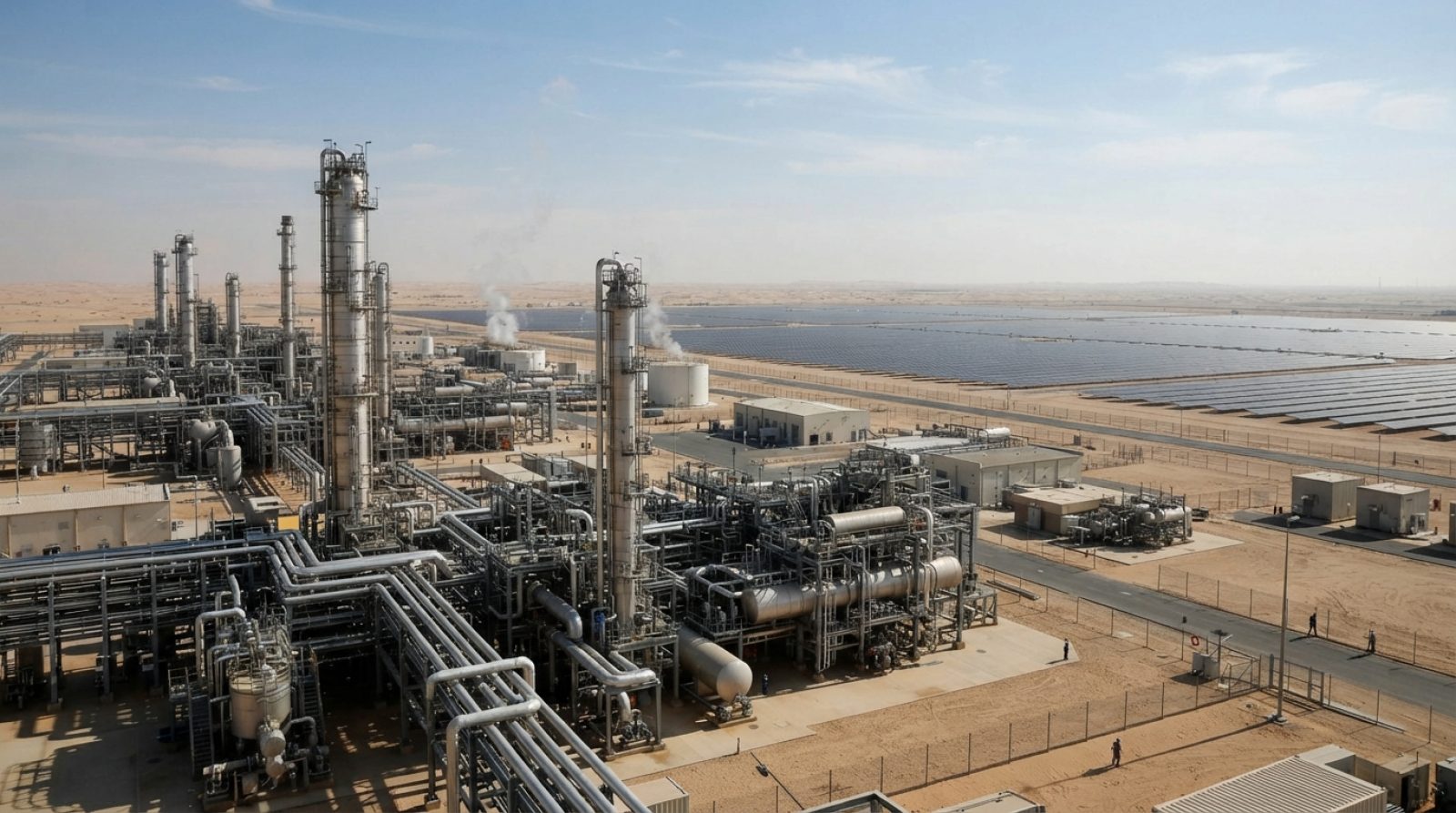 Illustration: A modern wide-angle photograph of an industrial energy installation in the United Arab Emirates desert under clear daylight, featuring a
