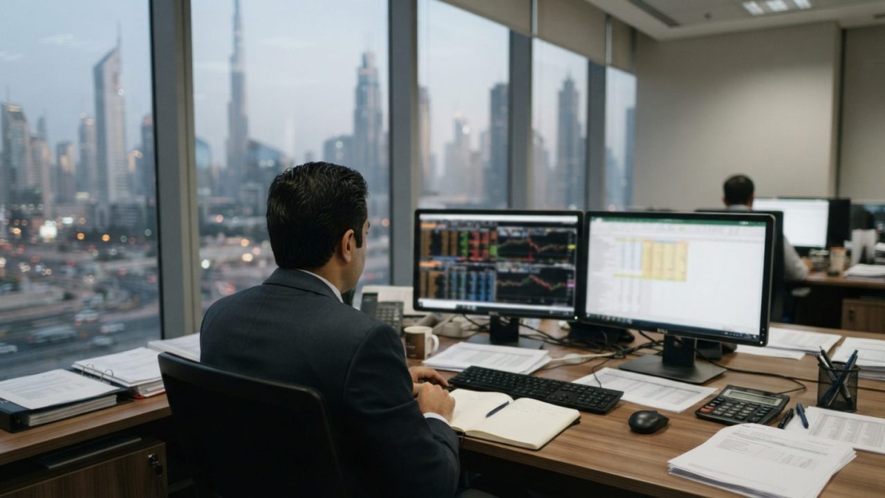 Illustration: A modern corporate accounting office in Dubai with business documents, spreadsheets on computer monitors, and calculators on an executiv