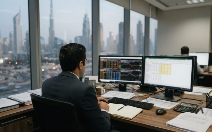 Illustration: A modern corporate accounting office in Dubai with business documents, spreadsheets on computer monitors, and calculators on an executiv