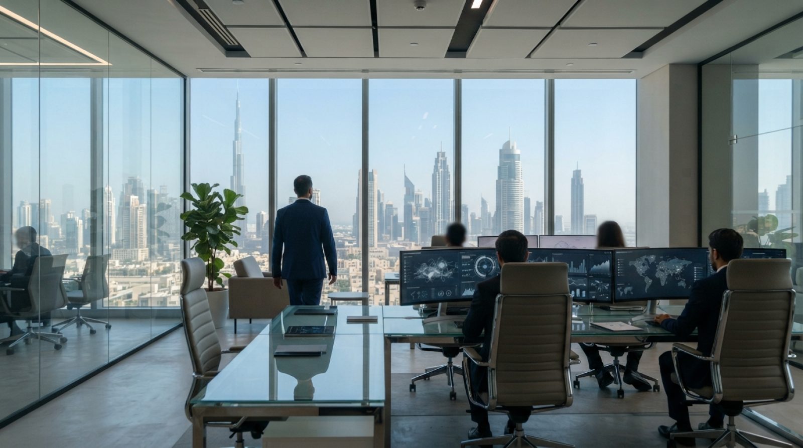Illustration: A modern corporate office interior in Dubai with large floor-to-ceiling windows showing the city skyline, featuring abstract technologic