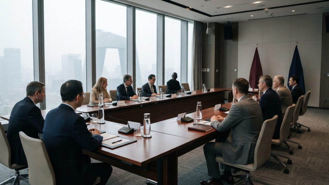 Illustration: A modern diplomatic reception conference room in Beijing with polished wood tables, modern minimalist international decor, neat statione