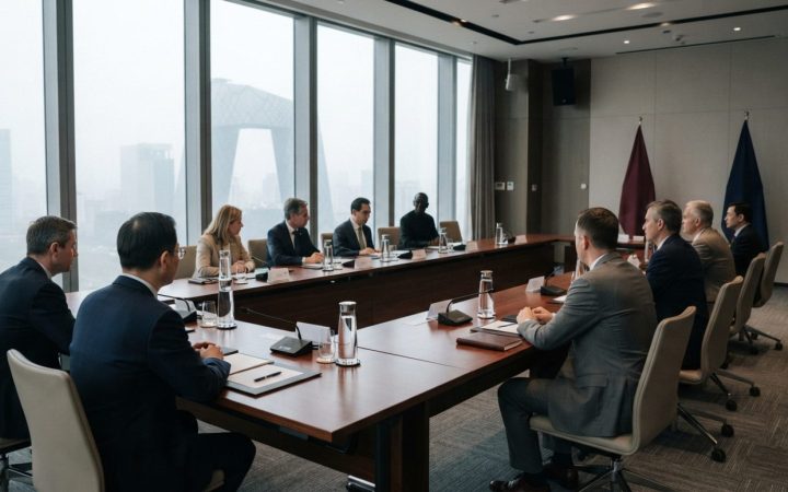 Illustration: A modern diplomatic reception conference room in Beijing with polished wood tables, modern minimalist international decor, neat statione