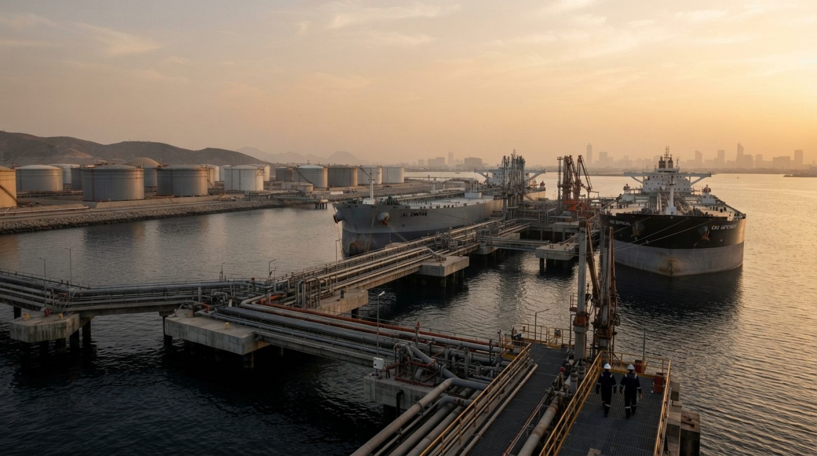 Illustration: Editorial photograph of a major crude oil export marine terminal in the Gulf at sunset, with massive oil tankers moored beside industria