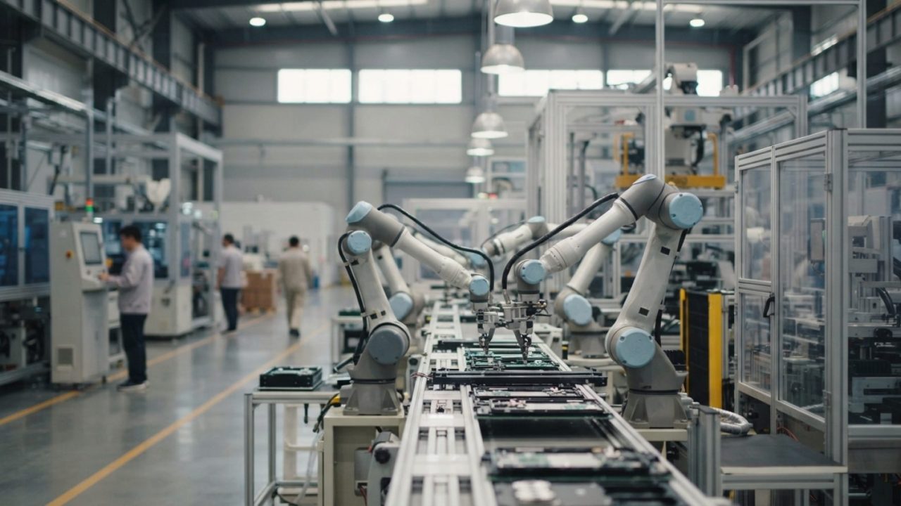 Illustration: Advanced industrial robotics and automated manufacturing machinery in a modern, brightly lit factory interior, clean and sleek high-tech