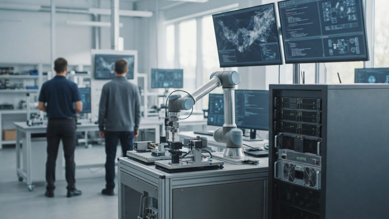 Illustration: Editorial photograph of modern robotic engineering and AI computing servers in a clean, high-tech research facility lab, with sleek digi