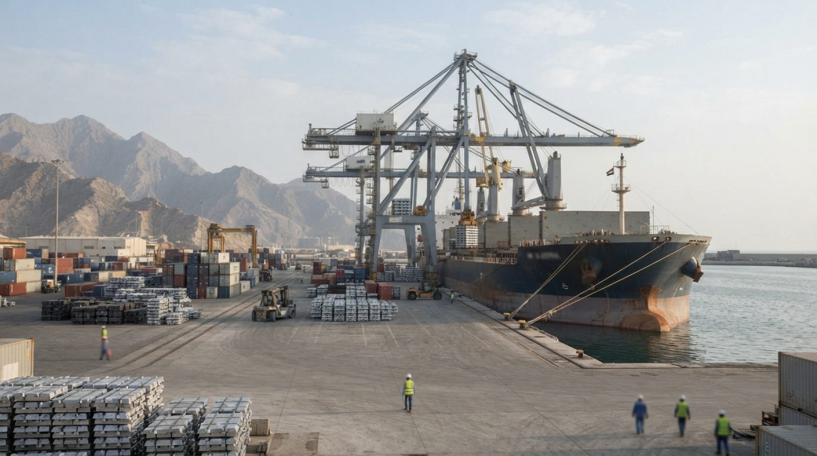 Illustration: A commercial cargo vessel berthed at a modern deepwater shipping terminal on the UAE east coast, with container cranes, industrial berth
