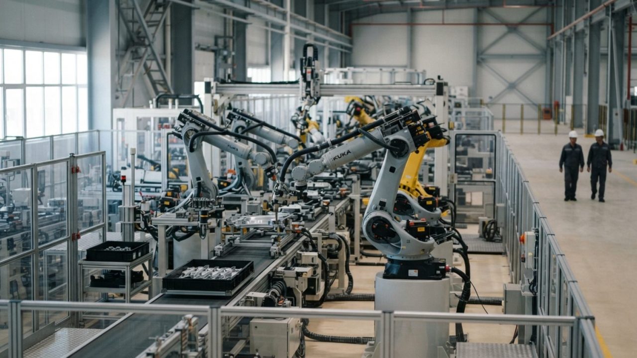 Illustration: Editorial photograph showing modern industrial robotic arms operating on a high-tech automated manufacturing assembly line, set in a cle
