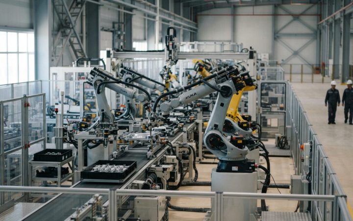 Illustration: Editorial photograph showing modern industrial robotic arms operating on a high-tech automated manufacturing assembly line, set in a cle