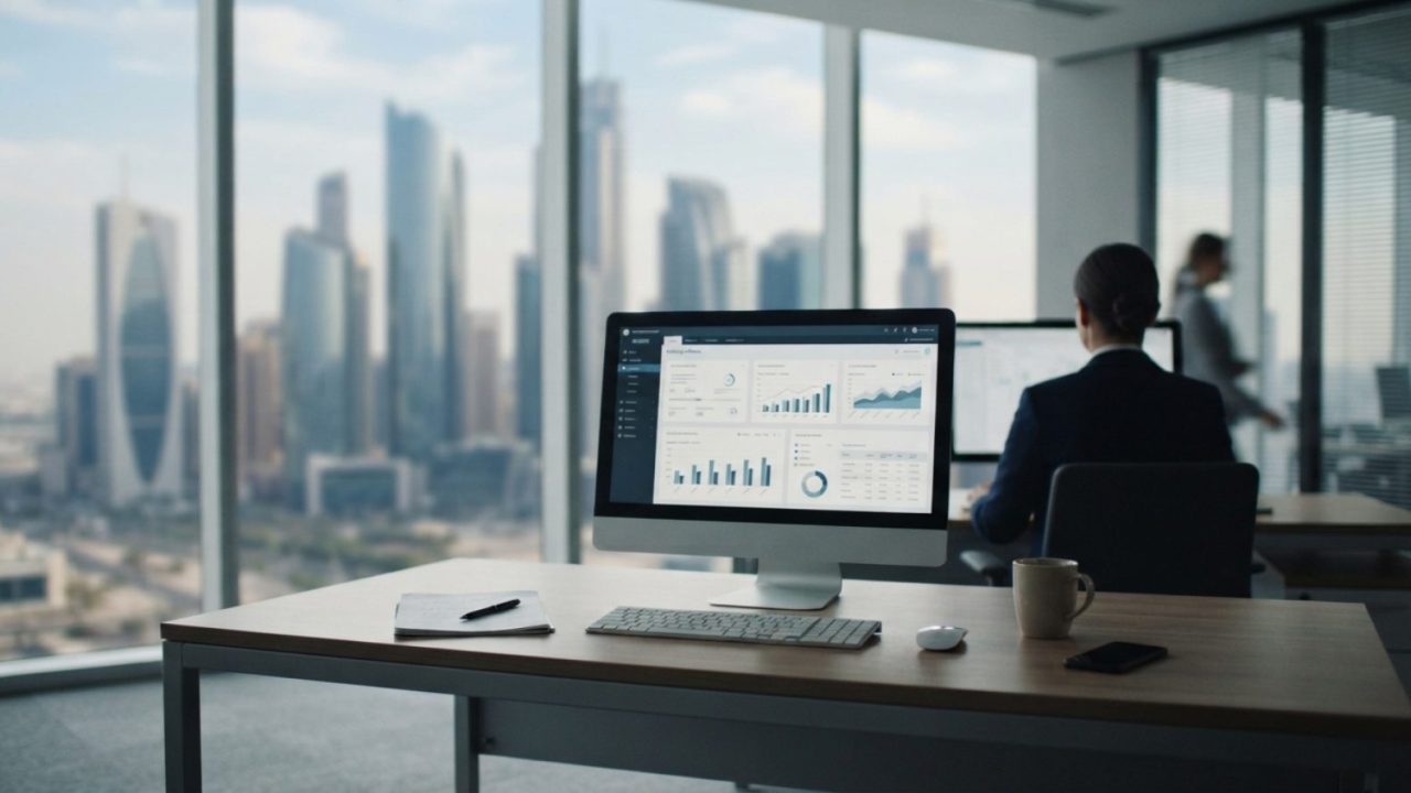 Illustration: Editorial photograph of a modern corporate office desk in the United Arab Emirates with a desktop computer displaying digital banking so