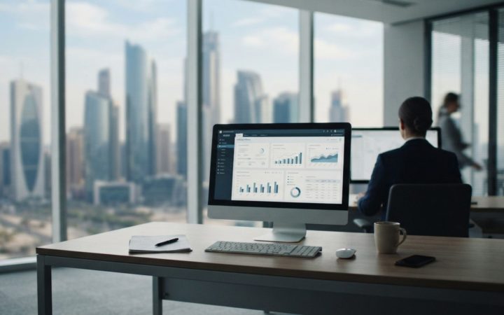 Illustration: Editorial photograph of a modern corporate office desk in the United Arab Emirates with a desktop computer displaying digital banking so