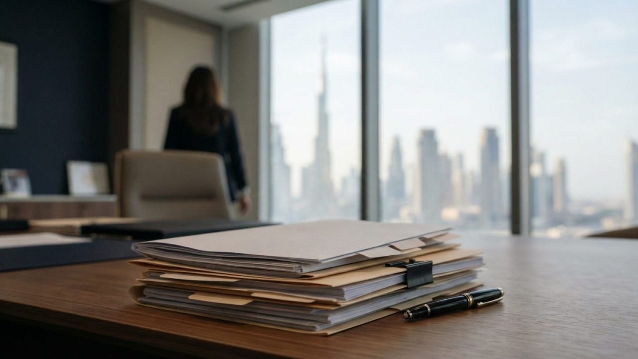 Illustration: Editorial photograph of legal documents and estate planning files neatly arranged on a wooden desk inside a high-rise office overlooking