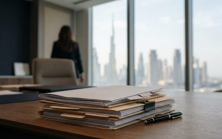 Illustration: Editorial photograph of legal documents and estate planning files neatly arranged on a wooden desk inside a high-rise office overlooking