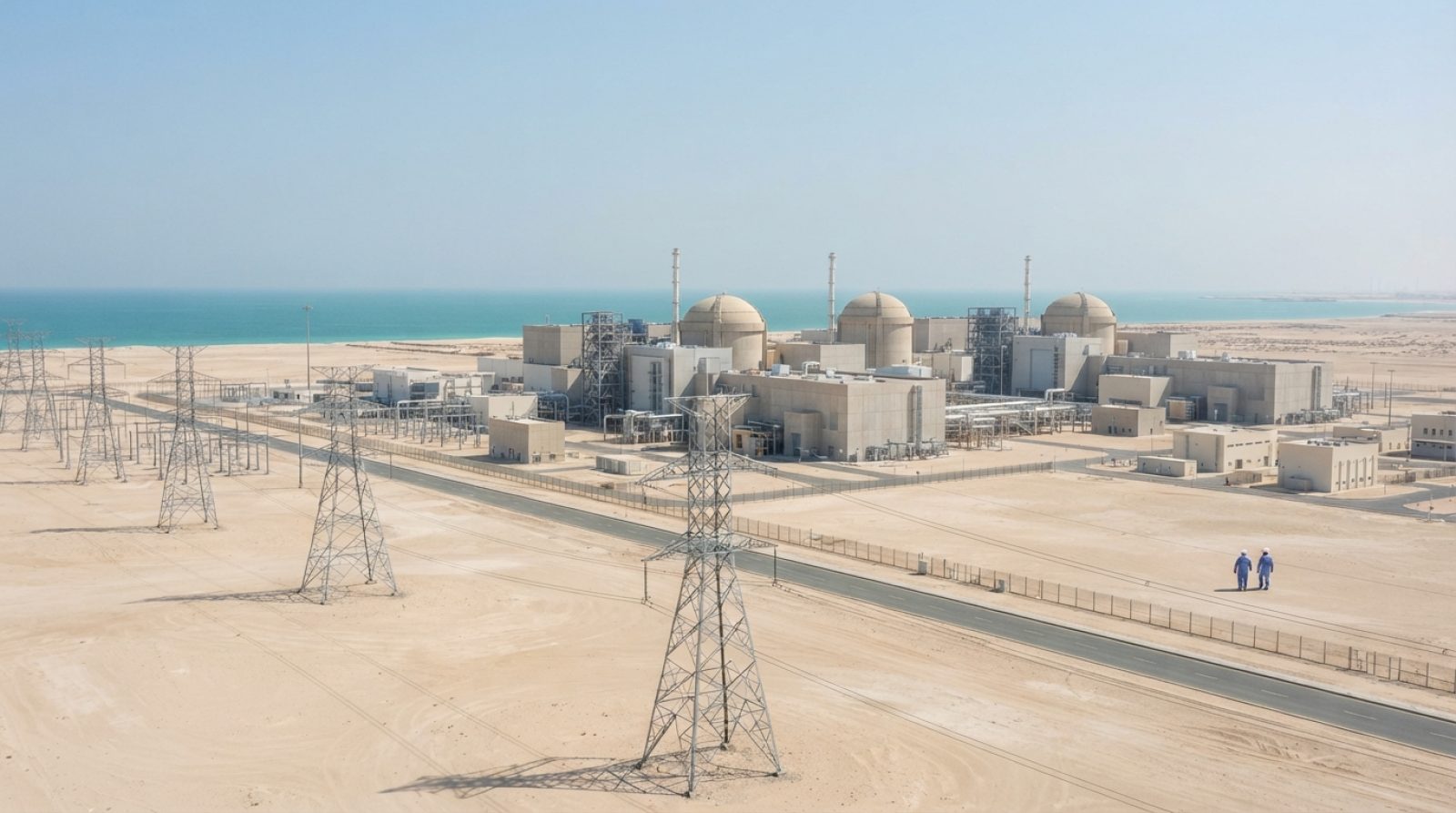 Illustration: A modern commercial nuclear power station on a sunny coastal desert plain with clear skies, high-voltage electrical grid pylons, clean e
