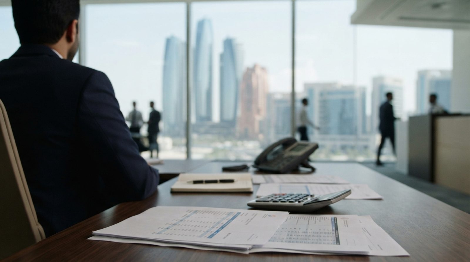 Illustration: A modern corporate office desk in the United Arab Emirates with financial reports, tax forms, a calculator, and a background view of mod