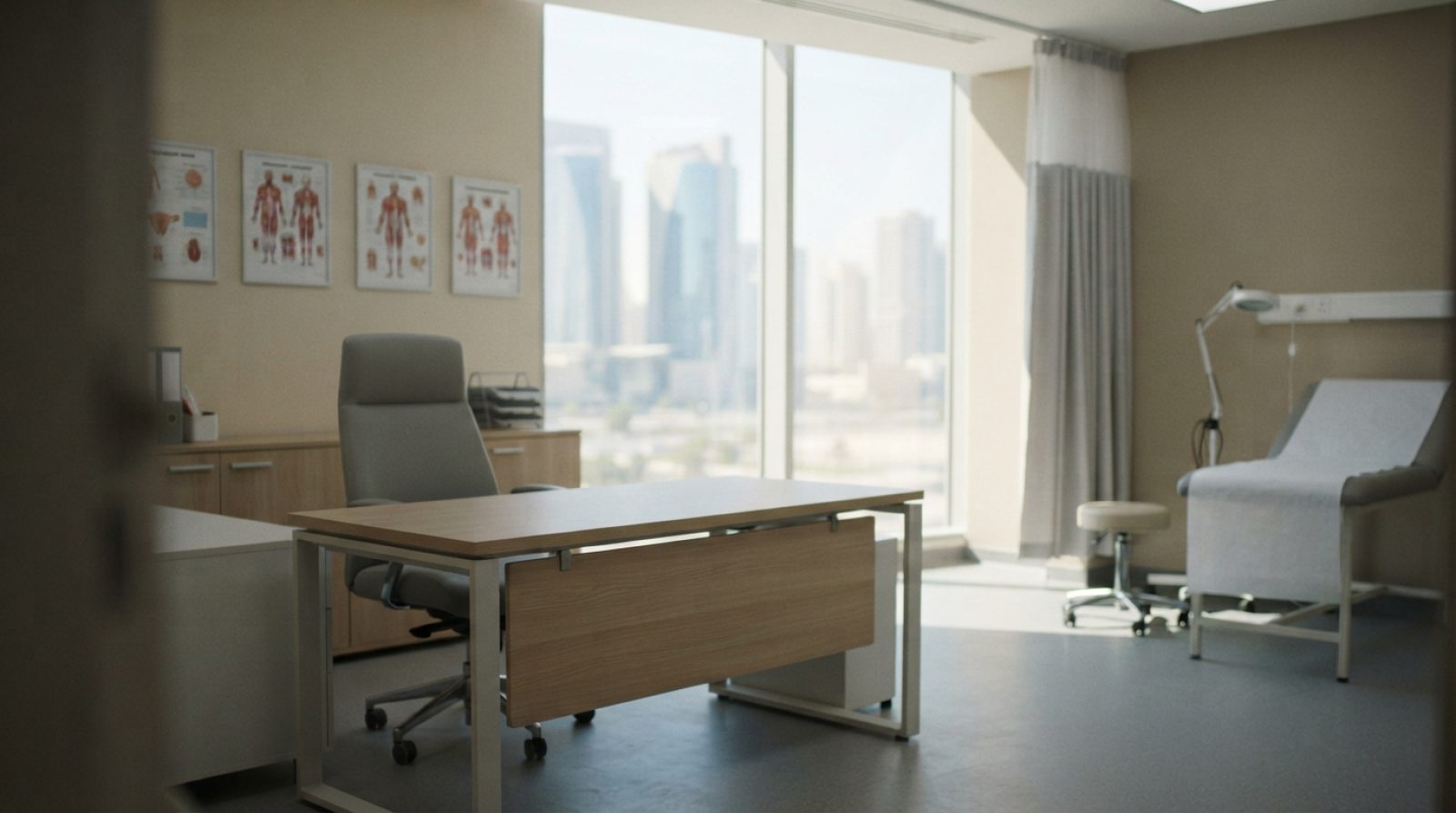 Illustration: An empty, modern medical clinic consultation room in the United Arab Emirates with a clean doctor's desk, diagnostic charts on the wall,
